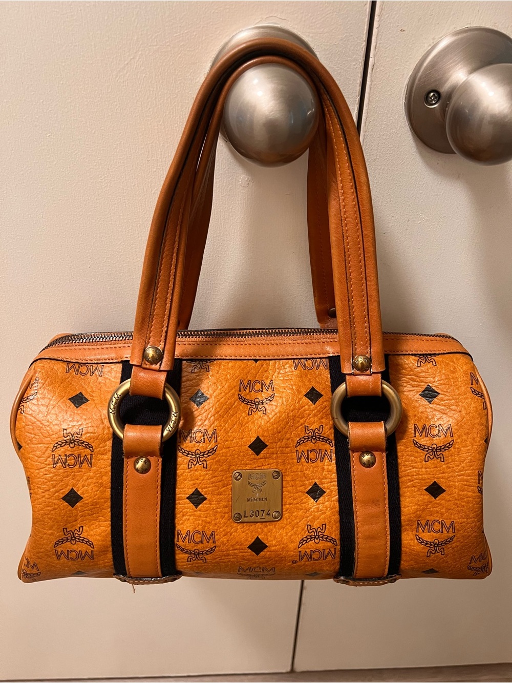 MCM Cognac Monogram Barrel Satchel with Gold Hardware